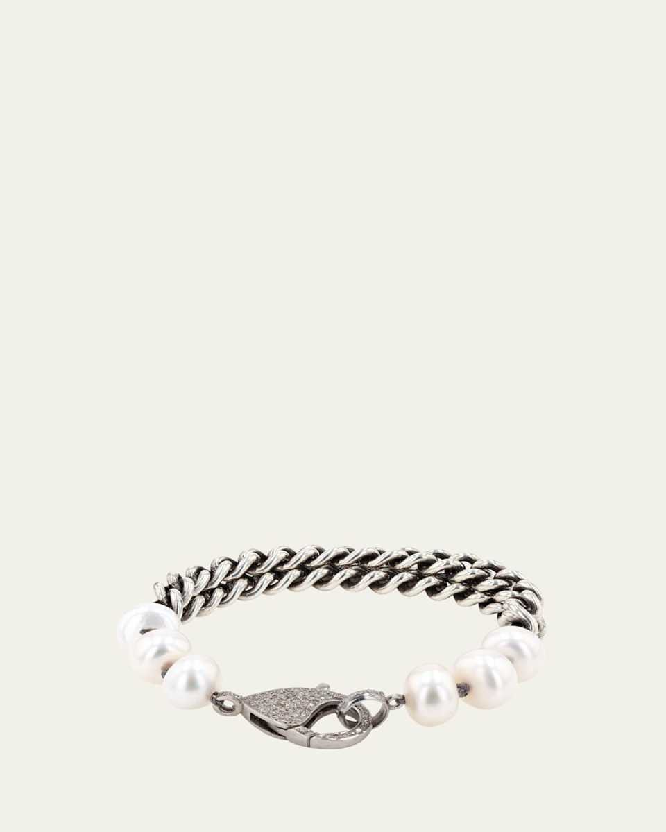 Pearl and Double Chain Bracelet with Pave Diamond Clasp